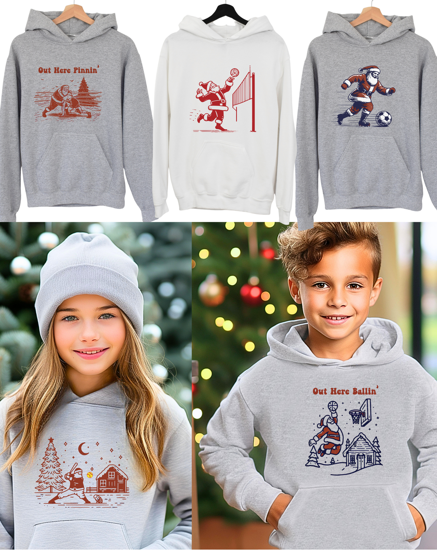 YOUTH Santa Plays Sports HOODIES SEE PICTURES FOR COLORS